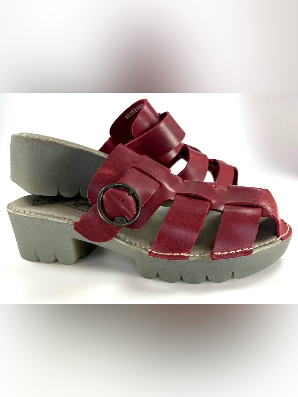Fly London Oxblood Burnished Leather Platform Fisherman Slide Sandals EU 41